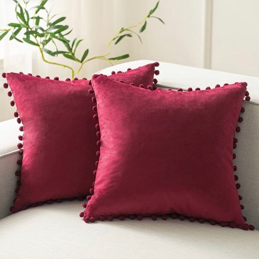 (Only Covers) Set of 2 Poms Poms Velvet Decorative Pillow Covers, Dark Red